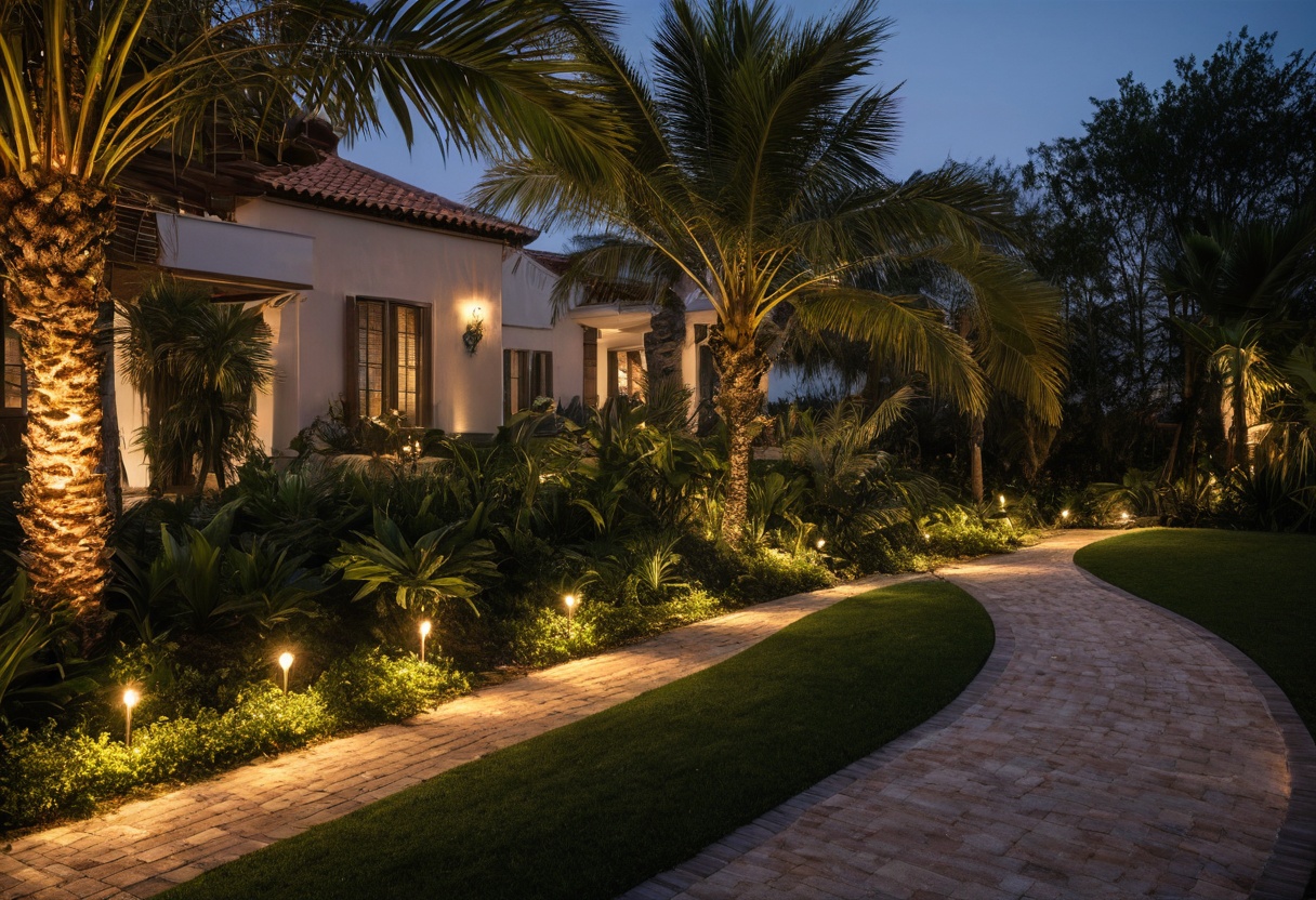 Villa garden landscape lighting at dusk with illuminated palms