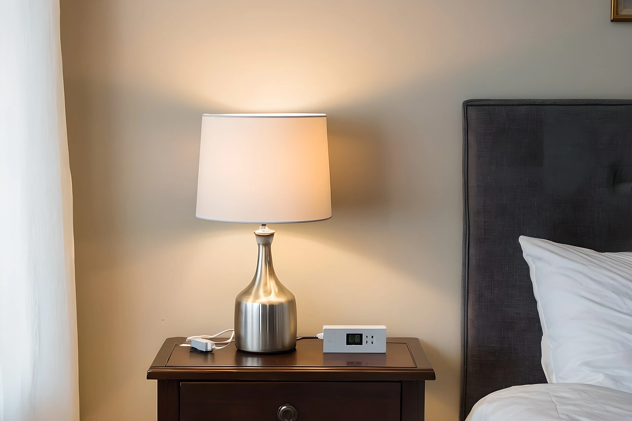 Bedside table with a lamp, a socket and a switch plate within reach above it