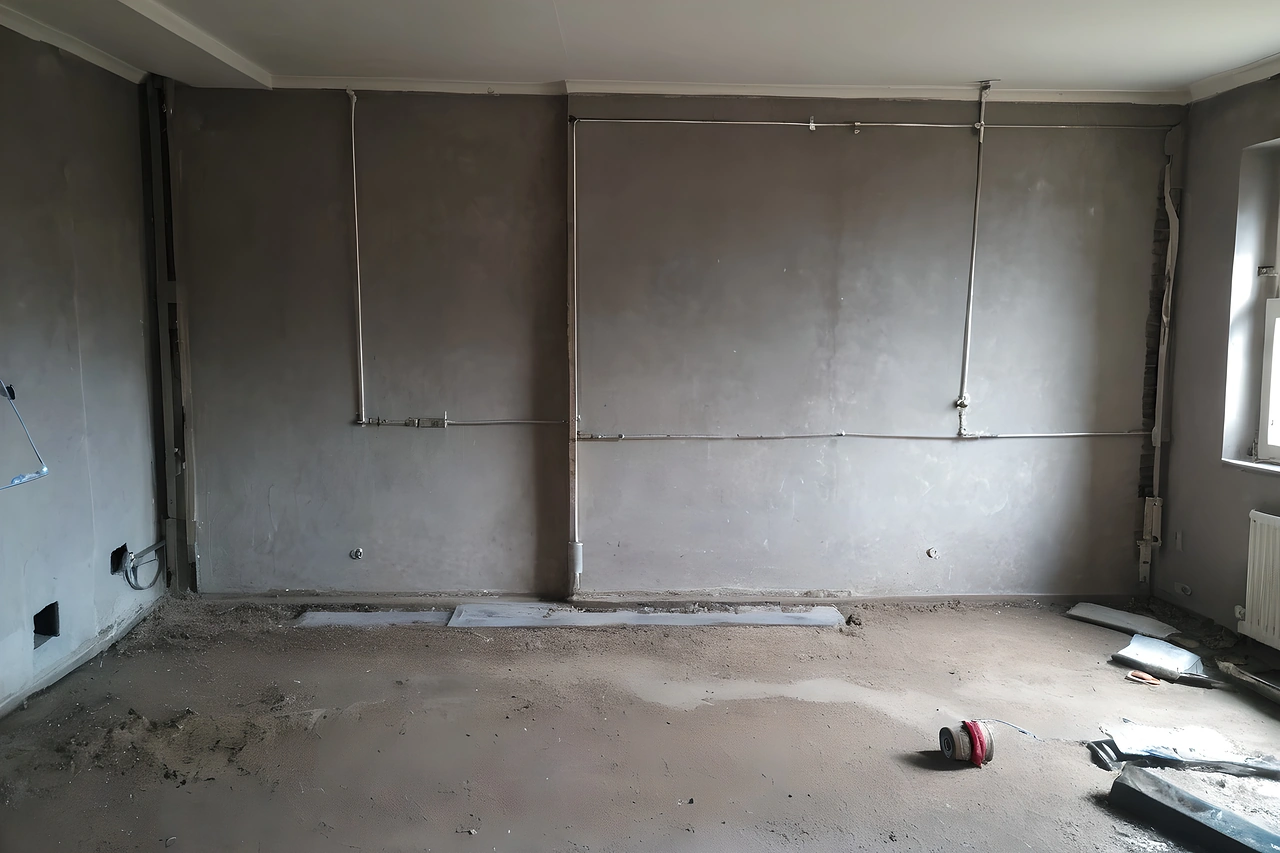 Bare plastered wall with conduit runs before plastering