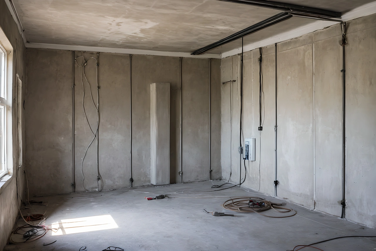 Villa room at electrical first fix with conduit runs and metal back boxes on bare walls
