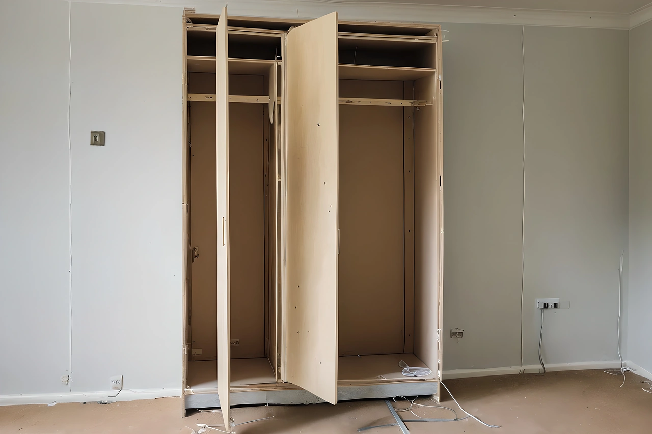 Fitted wardrobe carcass standing against a wall with wall outlets beside it